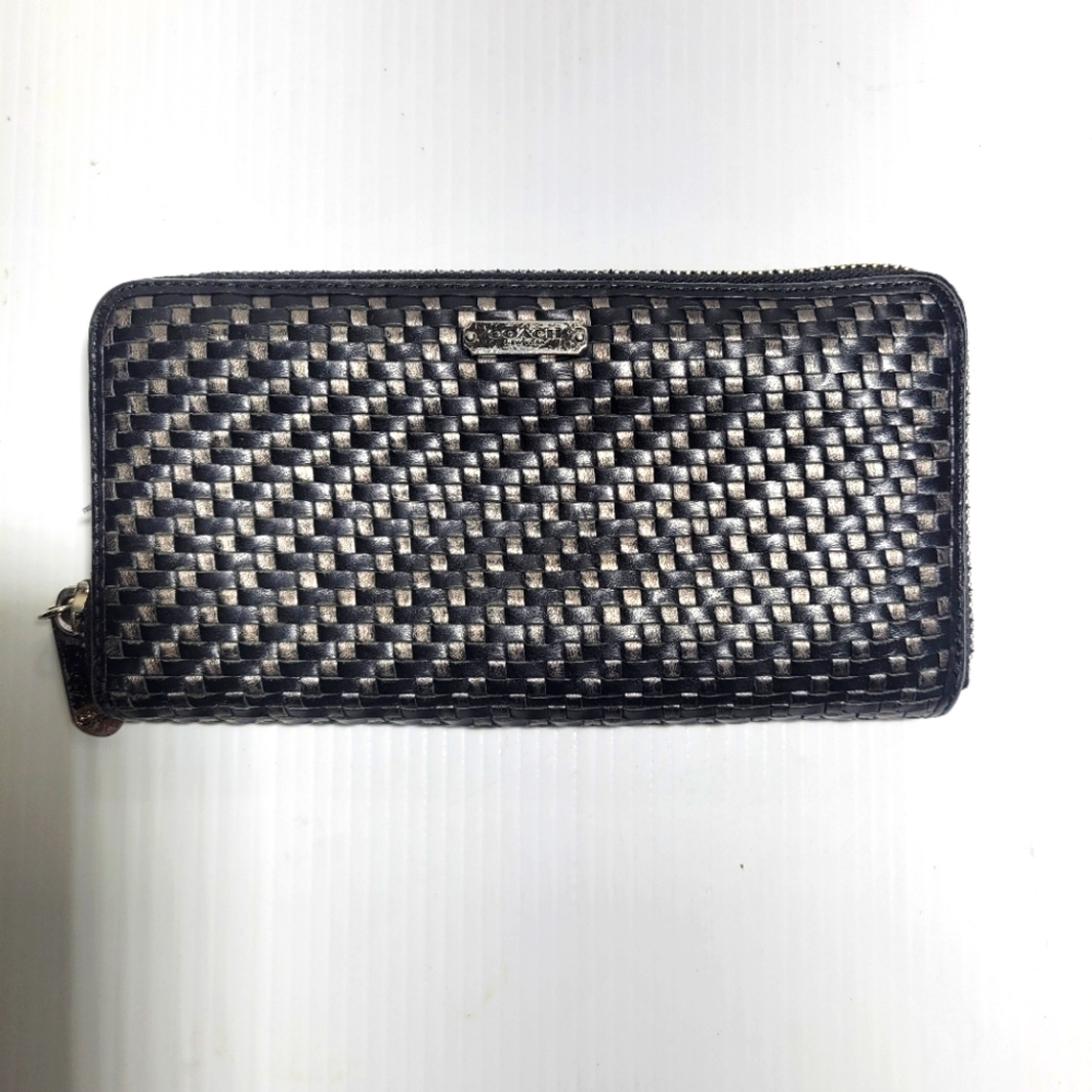 ❤️ 3 for $35 Coach leather woven long zip around large wallet black gray silver